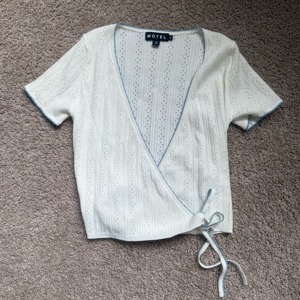 Motel Rocks Cream Knit Wrap Crop Top with Light Blue Trim